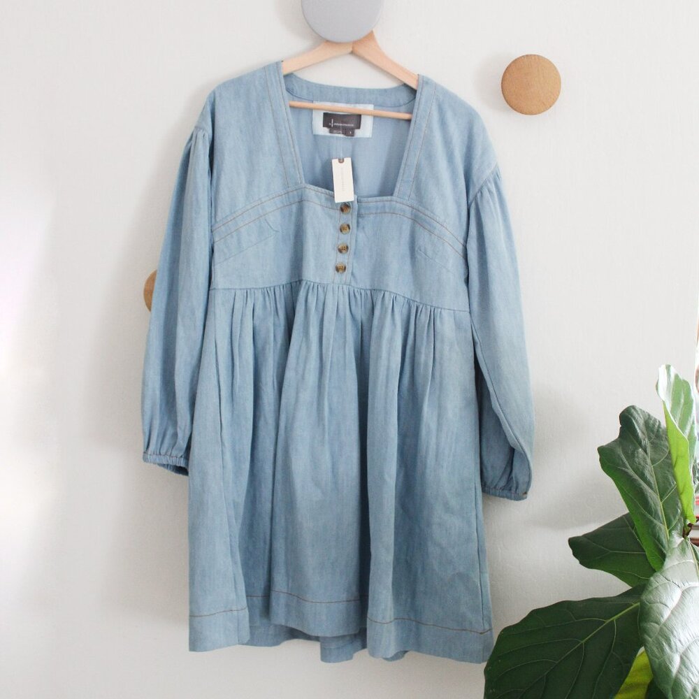 Anthropologie Blue Pleated Bishop Sleeve Sundress